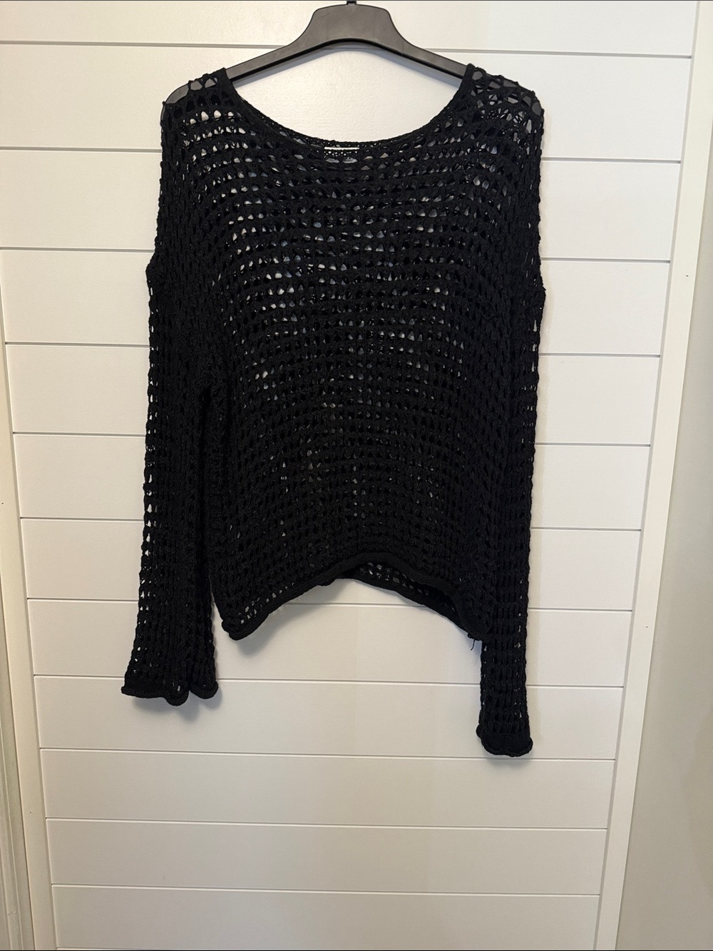 glam Black Open-Knit Crewneck Sweater
